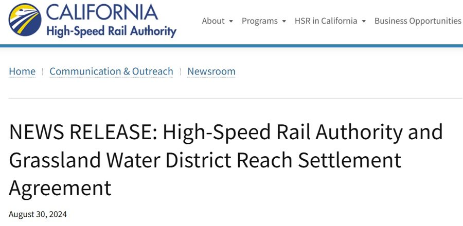 California High-Speed Rail Authority news release announcing the Grassland Water District settlement agreement