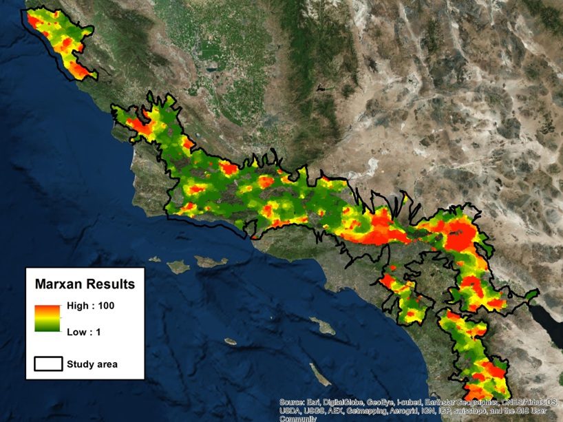 Map of Marxan priority results across the four national forests of southern California